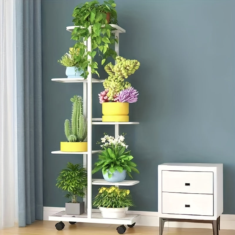 Soporte de flores de metal con ruedas para uso en interiores y exteriores, estante de varias alturas para plantas