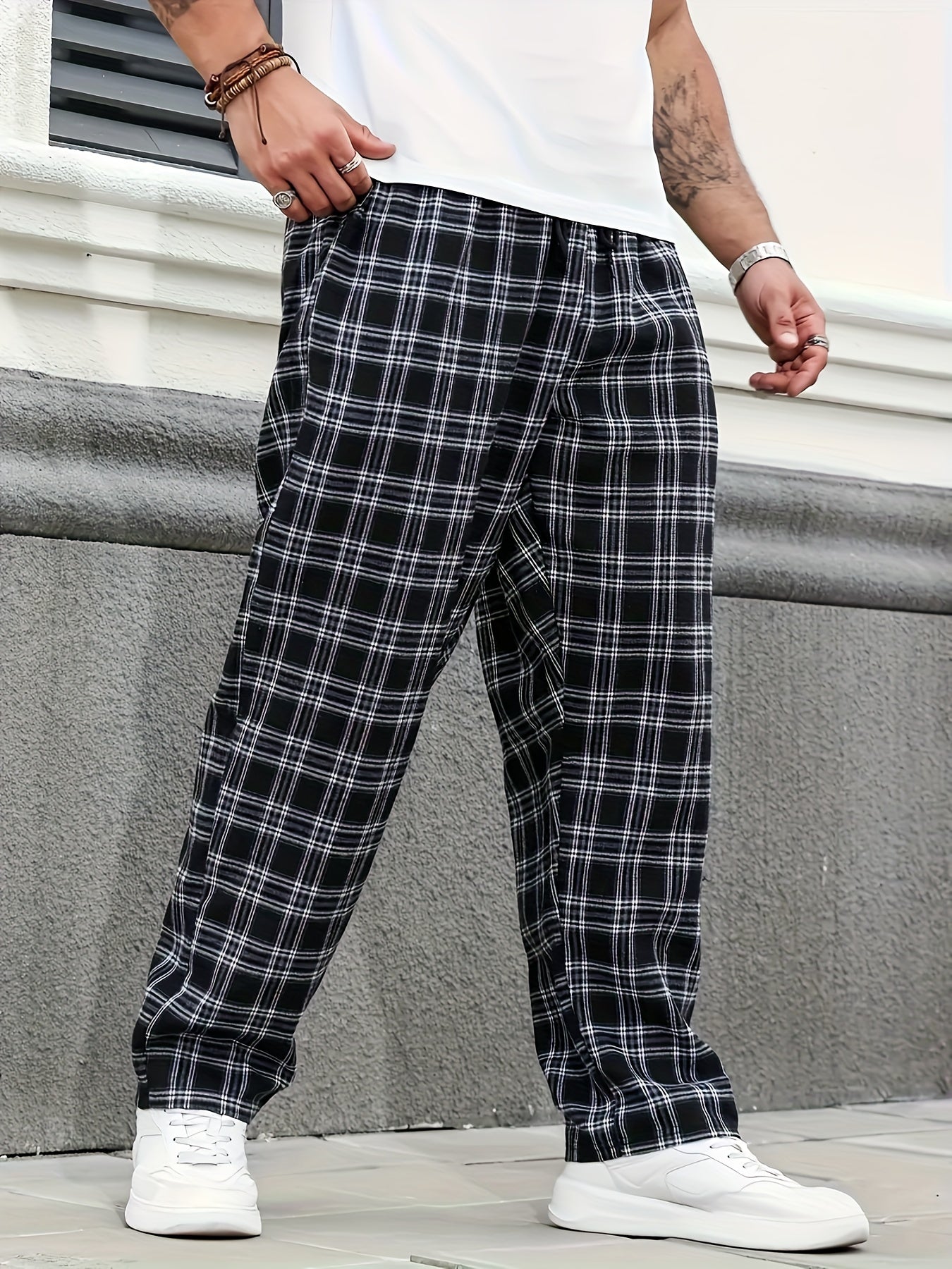Men's Black and White Plaid Casual Pants Polyester Non-Stretch Drawstring Plus Size