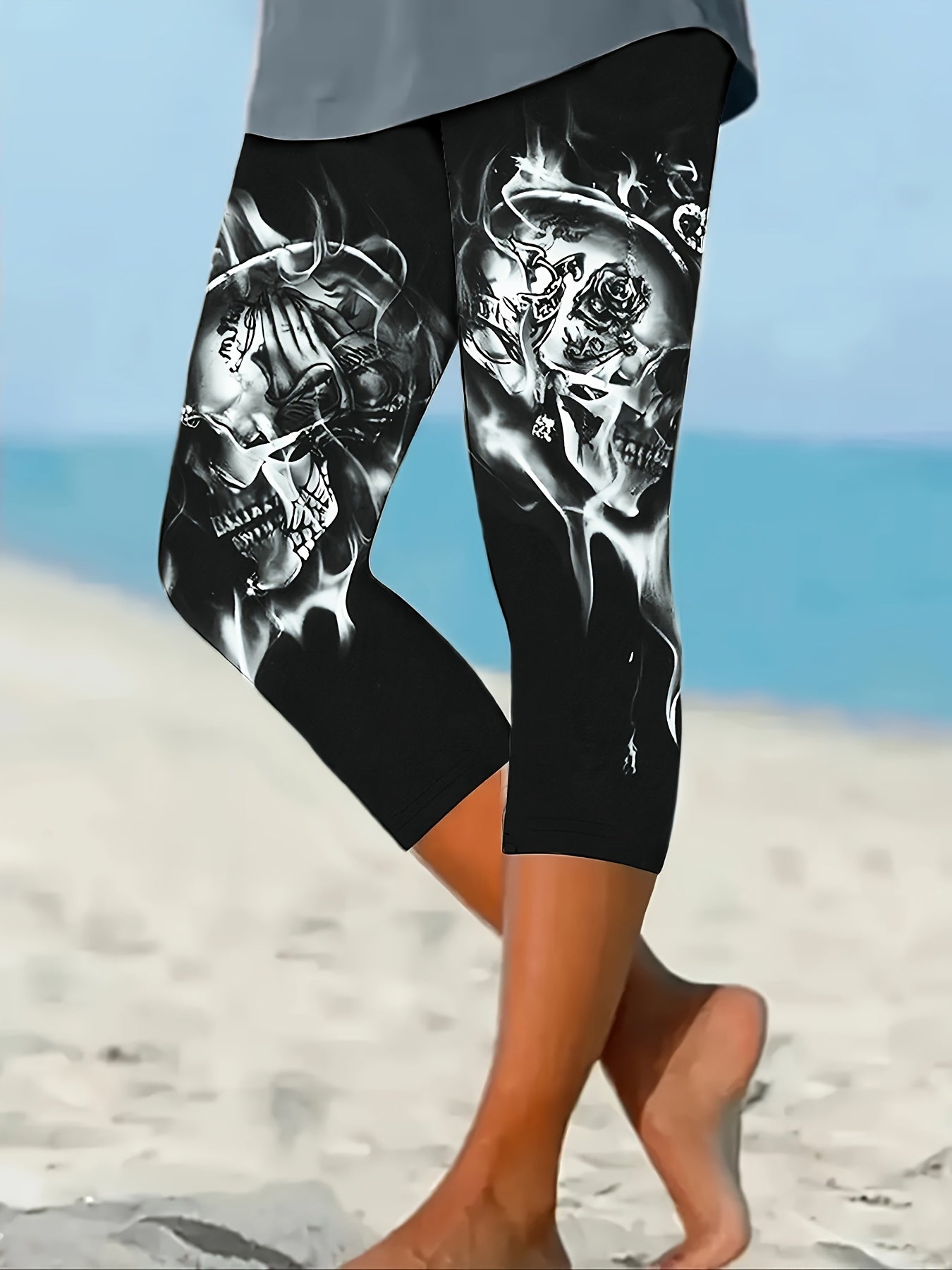 Women's High-Waisted Yoga Leggings with Skull and Floral Print Stretchy Non-See-Through