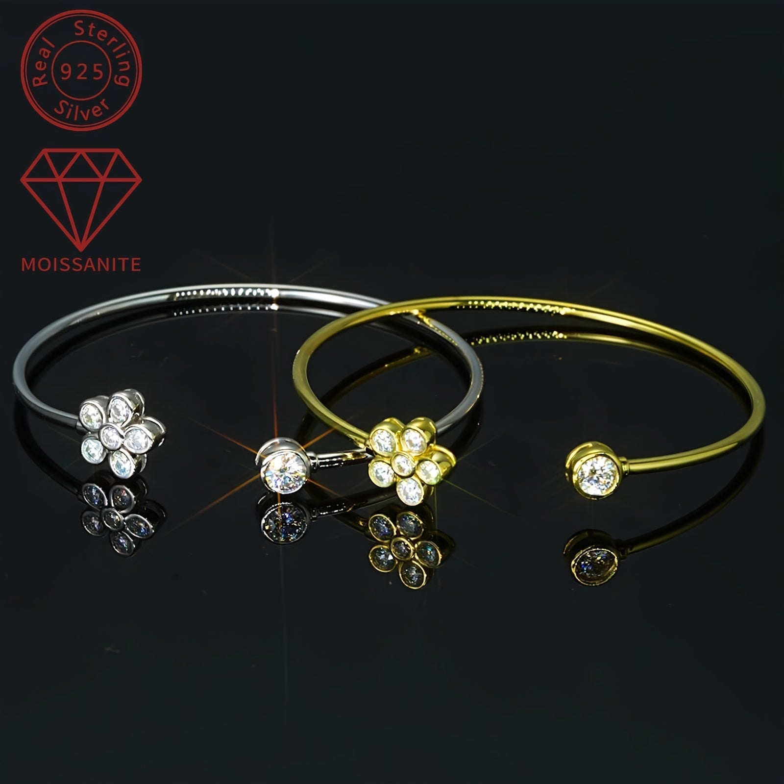 Open Cuff Bracelet for Women with Synthetic Moissanite Stones 925 Silver 14K Gold Plating April Birthstone Elegant Floral Design