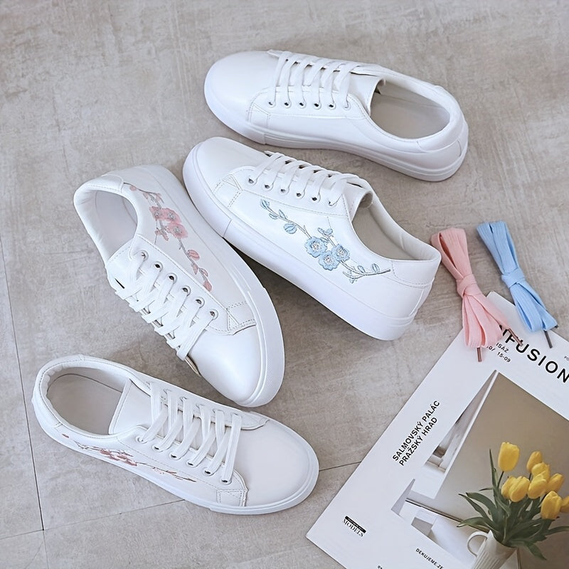 Women's Floral Embroidered White Low-Top Sneakers Synthetic Casual Shoes