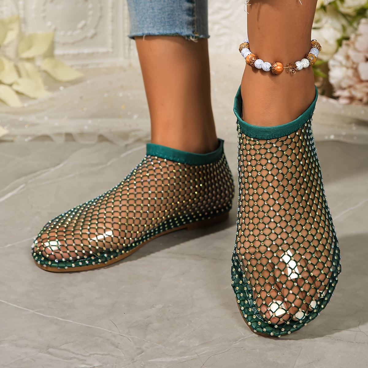 Women's Mesh Rhinestone Flat Sandals with Elastic Band and Cut-Out Design
