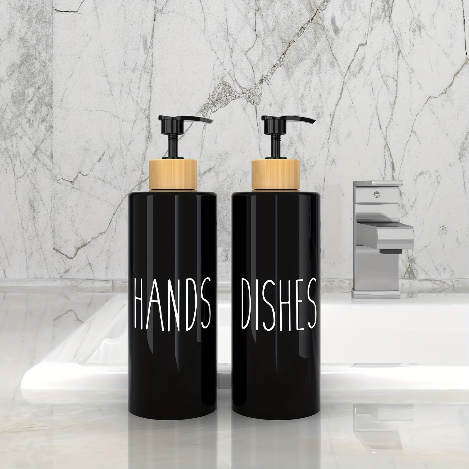 Set of 2 Refillable Soap Dispensers with 16.91oz PET Plastic Bottles and Wooden Tray