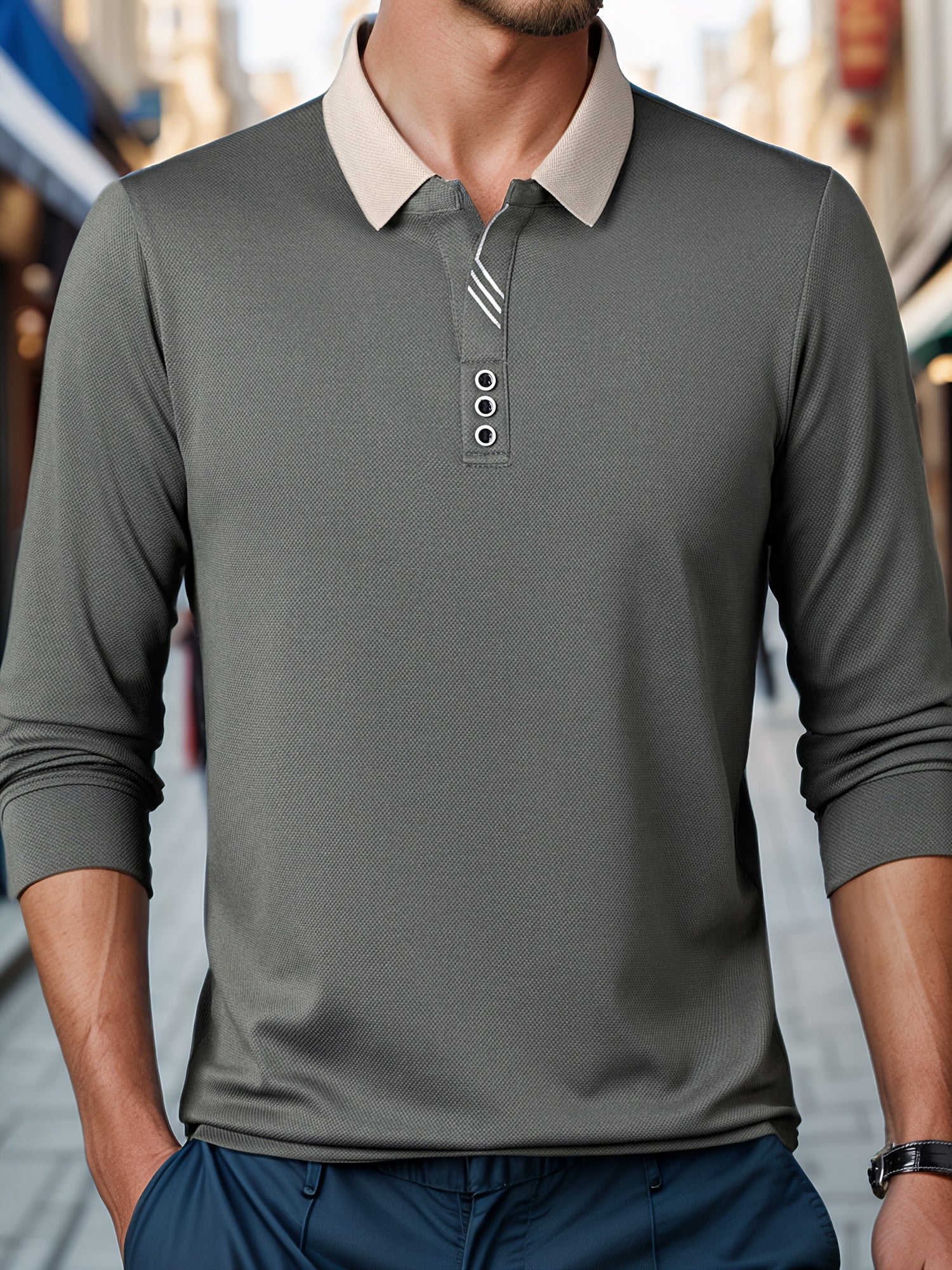 Camisa de golf de manga larga para hombre, punto de poliéster de color sólido, casual, ajuste regular