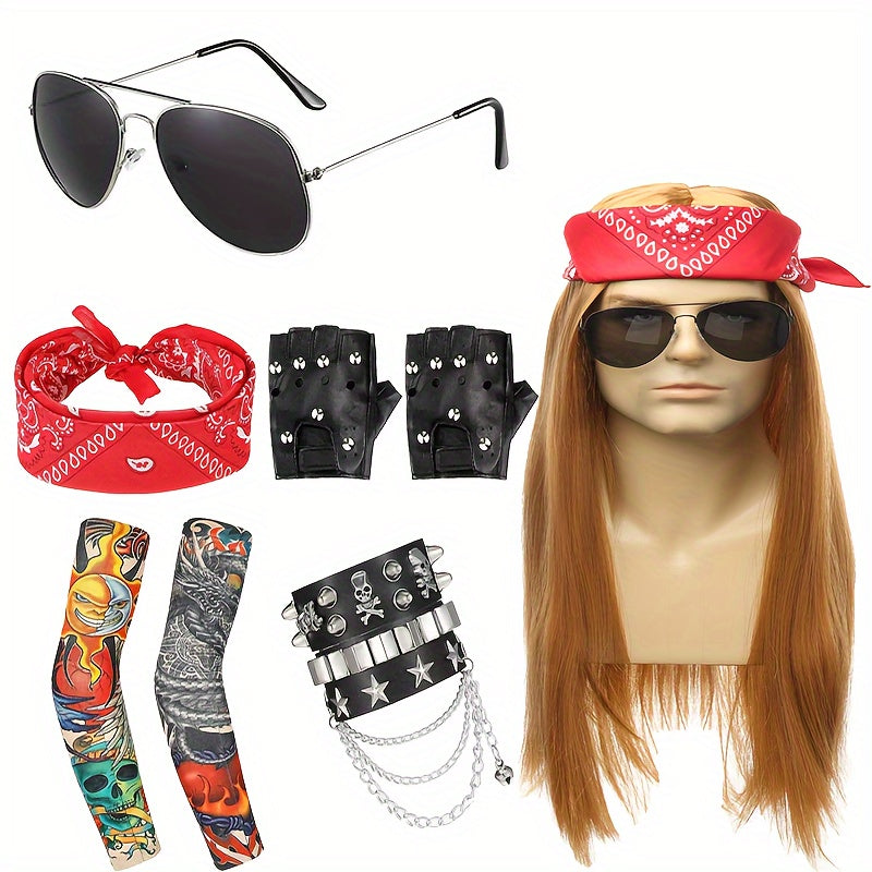 Punk Costume Wig with Straight Fiber Hair, Bandana, Glasses, Tattoo Sleeves