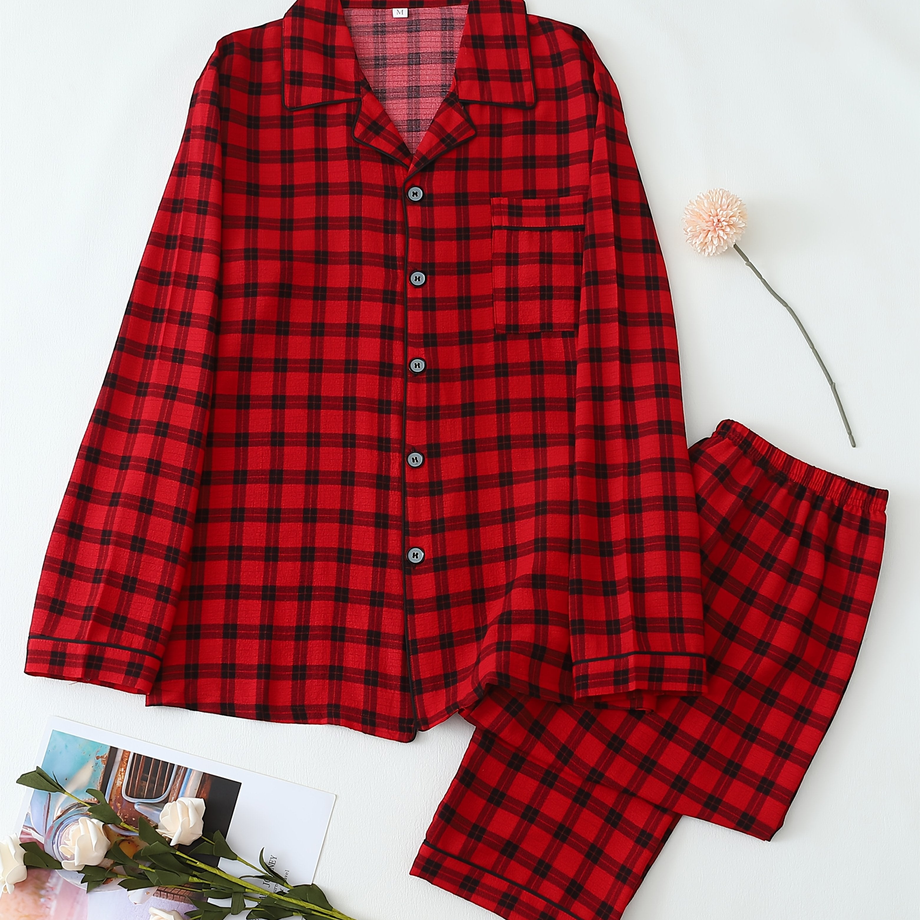 Men's Red Plaid Pajama Set Long Sleeve Polyester Knit Casual Sleepwear