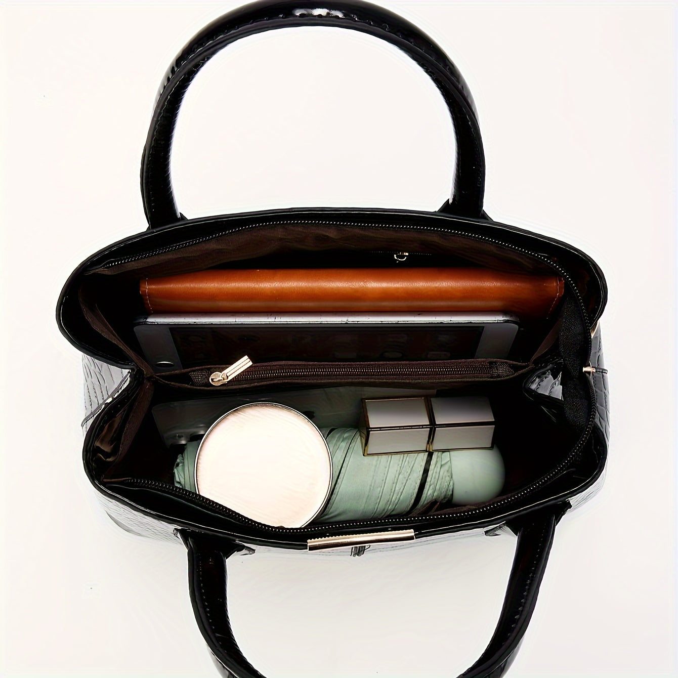 Black Crocodile Pattern Handbag with Adjustable Strap and Zipper Closure