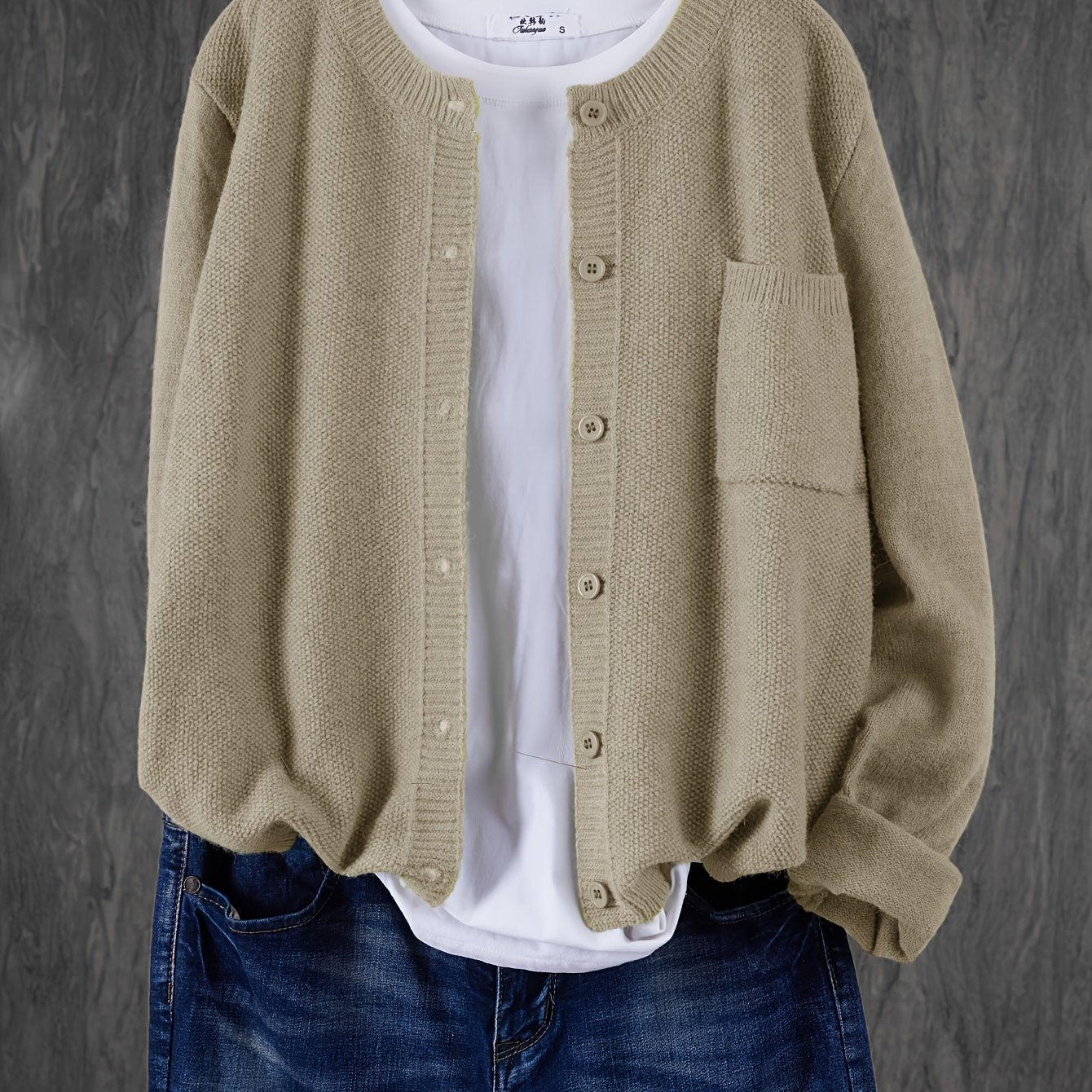 Cárdigan de punto sólido para mujer con hombros caídos, bolsillos y botones en el frente para primavera y otoño