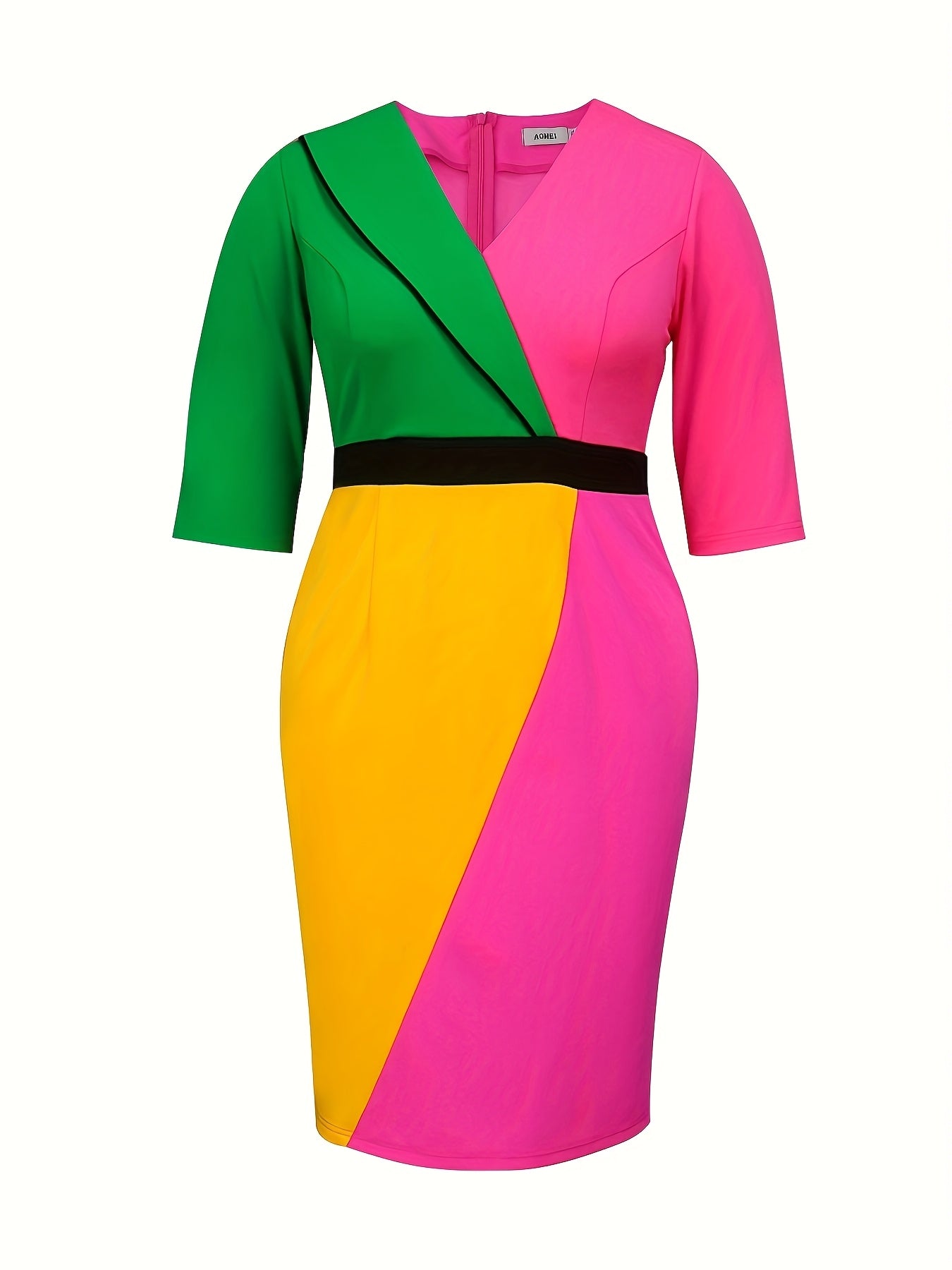Women’s Color-Block V-Neck Sleeveless Midi Dress with Stretchy Fabric