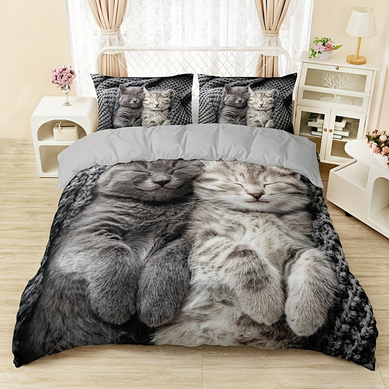 Cute Cat Print Duvet Cover Set 3 Pieces Soft Breathable Polyester All Seasons