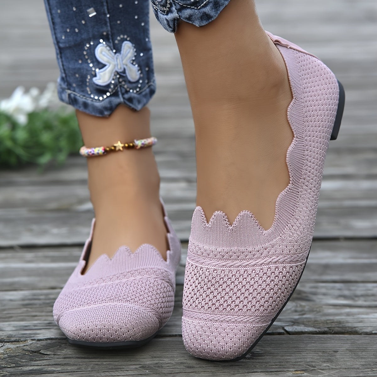 Women's Lace-Trimmed Slip-On Flats Breathable All-Season Shoes Black Gray Blue