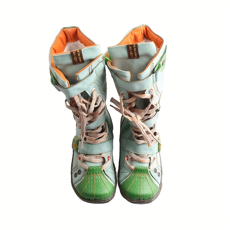 Women's Colorblock Boots with Side Zipper Soft Sole Buckle Platform Western Round Toe