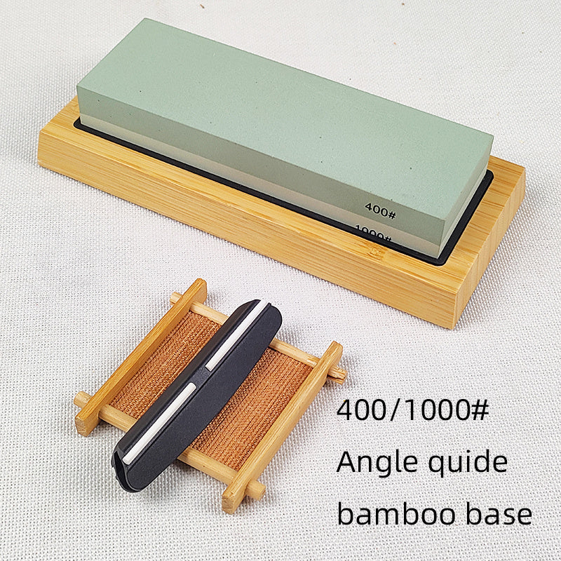 3-in-1 Knife Sharpening Kit with Whetstone, Bamboo Base, Angle Guide, Non-Slip Grip