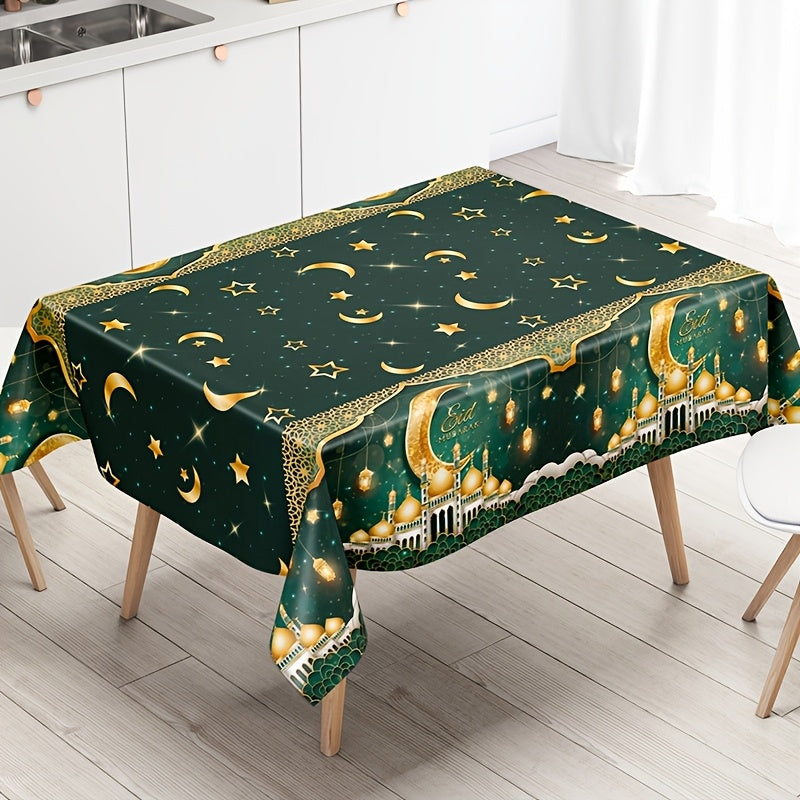 1 dona Elegant Green & Golden Eid Mubarak Stol usti - 130x220 sm, qal'a, oy, chiroq va yulduz dizayni bilan. Ramazon va Eid bayramlari uchun mukammal, mustahkam plastik mashinada to'qilgan.
