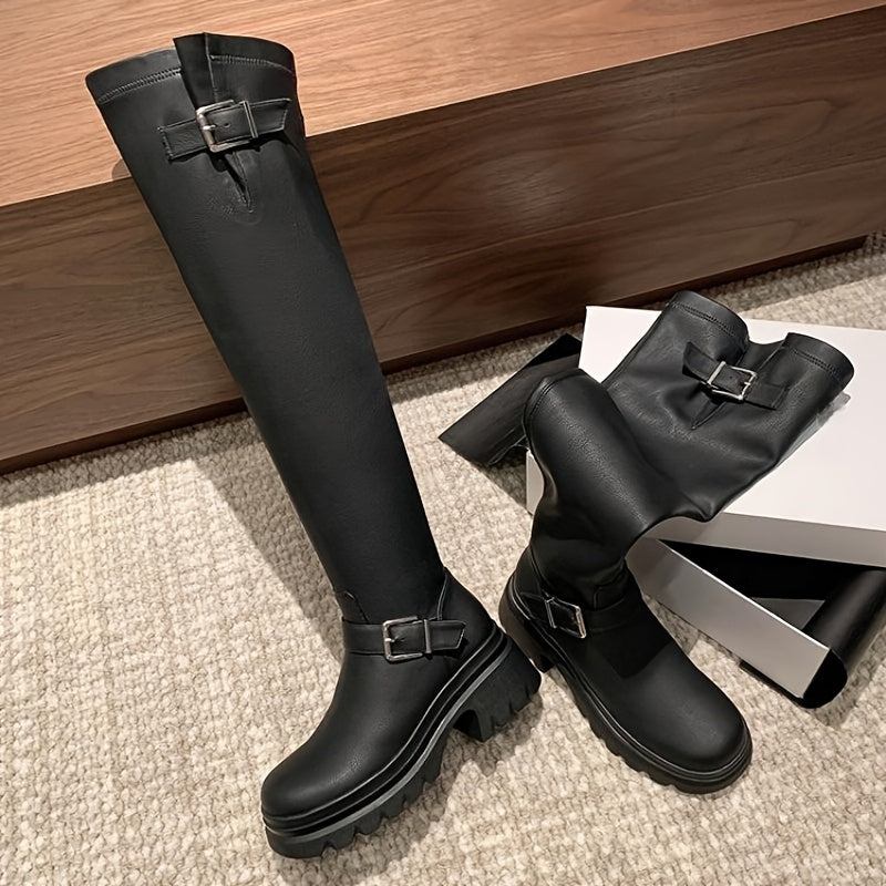 Women's Over-the-Knee Boots With Buckle Thick Sole Chunky Heel