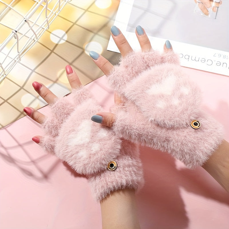 Women's Half-Finger Convertible Gloves with Cat Claw Design and Plush Material