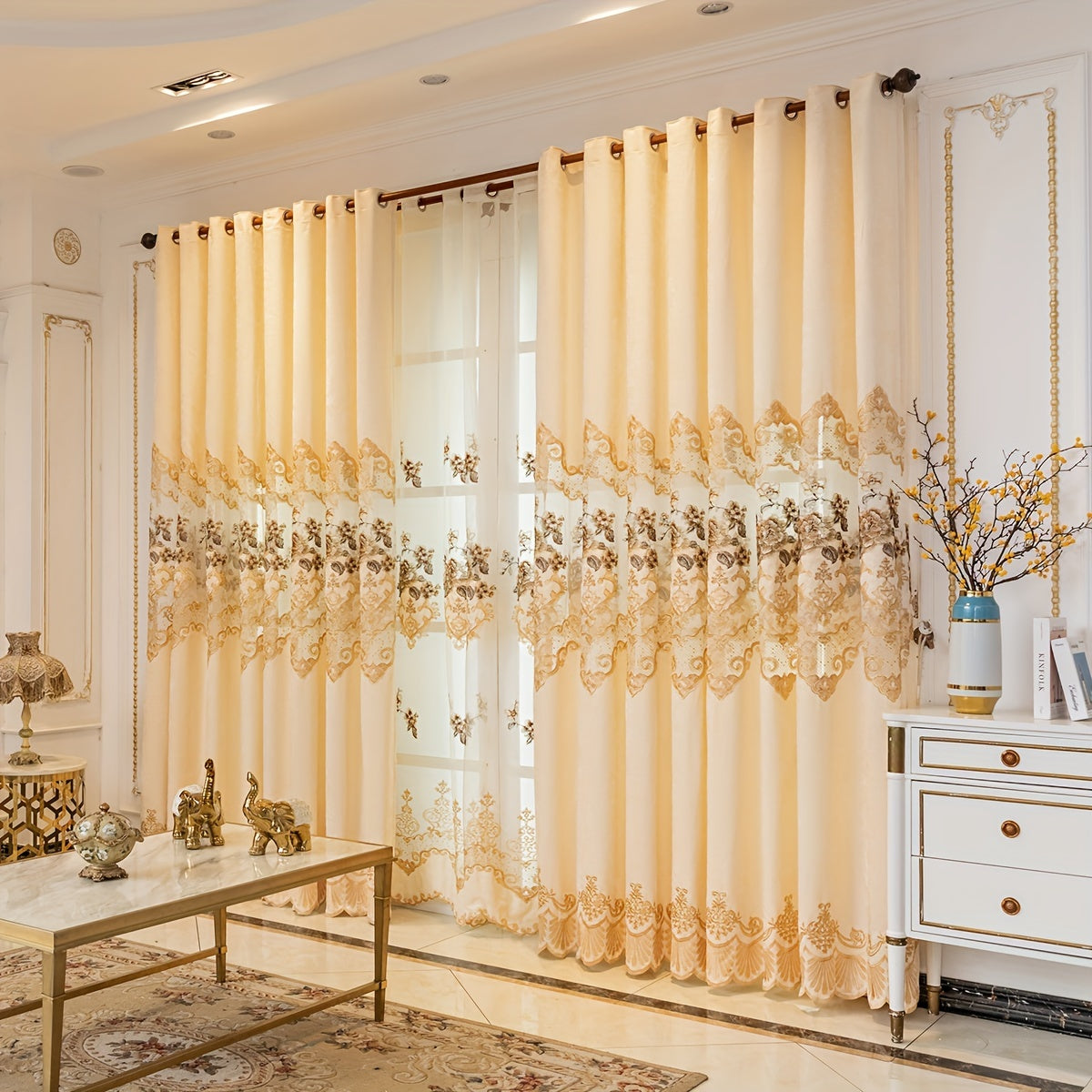 European-Style Thick Embroidered Curtains with Chenille Floral Designs and Translucent Yarn Finish for Living Room and Bedroom