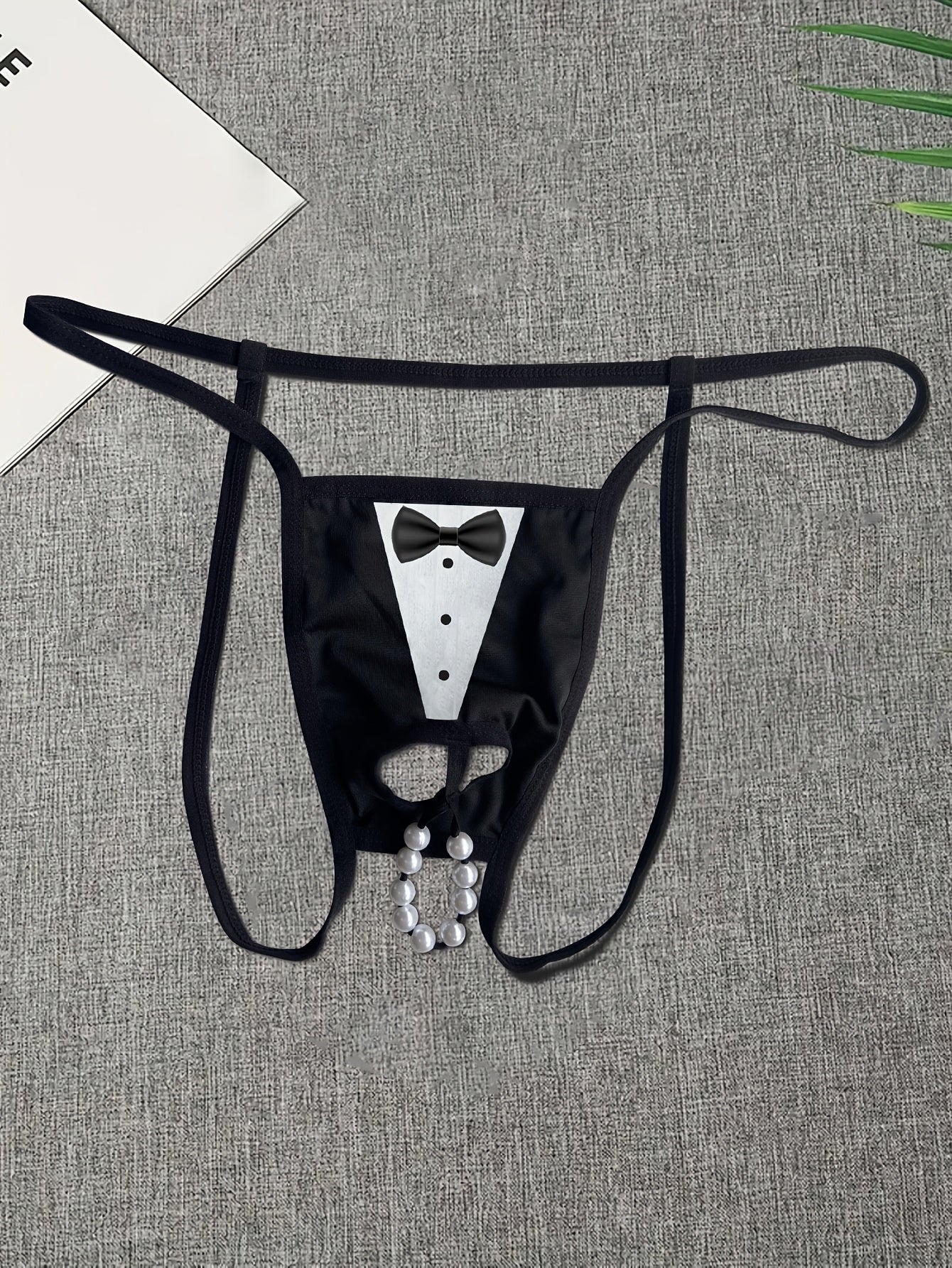 Men's Tuxedo Print Thong with Beaded Chain Detail Sexy Lingerie Medium Stretch Knit Costume Accessory