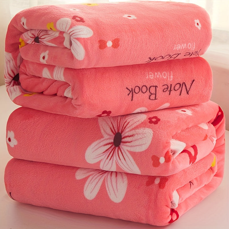 Flower Print Flannel Blanket Soft Warm Throw for Couch Bed Camping