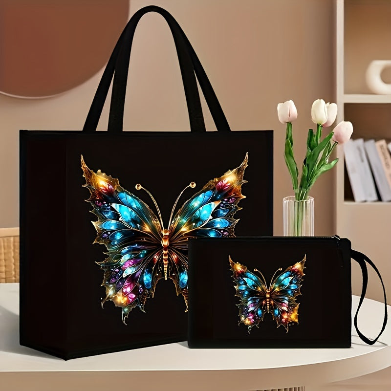 2-Piece Canvas Tote Bag and Wallet Set with Butterfly Floral Print Black