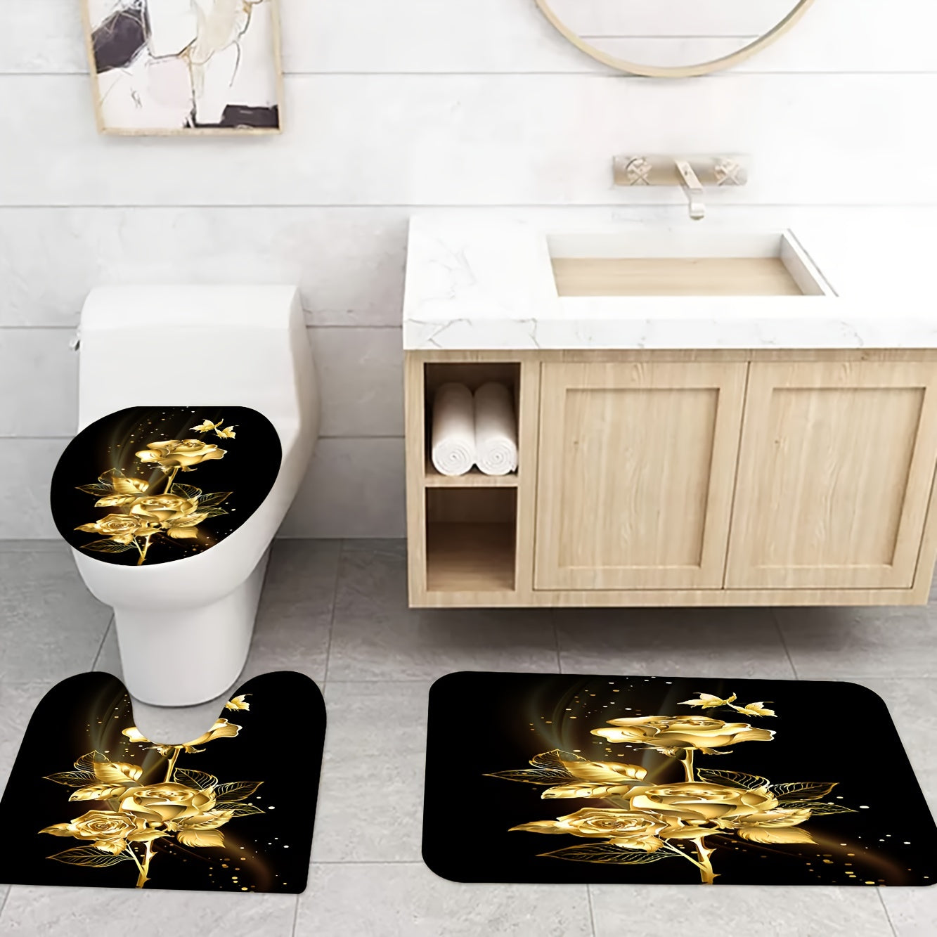 Black and Gold Bathroom Shower Curtain Set with Toilet Accessories