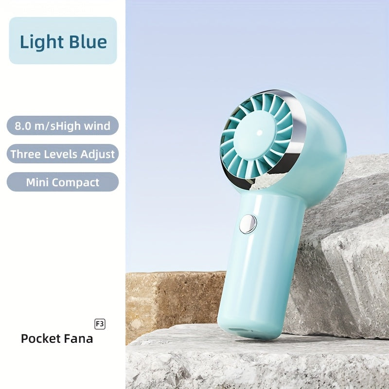 Mini handheld fan with rechargeable battery white pink blue travel outdoor modern cylindrical shape