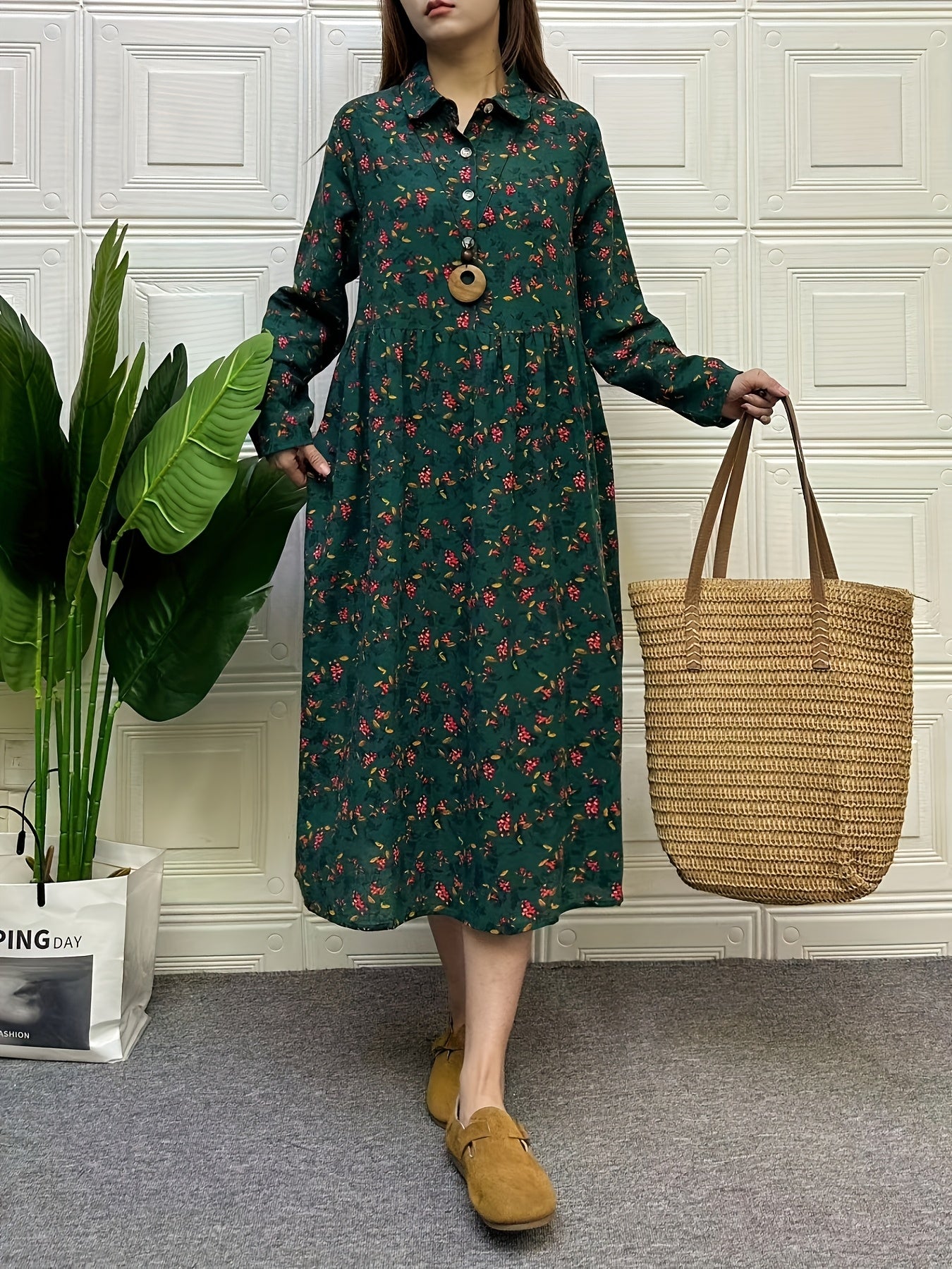 Women's Linen Dress with Floral Pattern, Long Sleeve, Lapel Collar, Beach Vacation Style