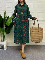 Women's Linen Dress with Floral Pattern, Long Sleeve, Lapel Collar, Beach Vacation Style