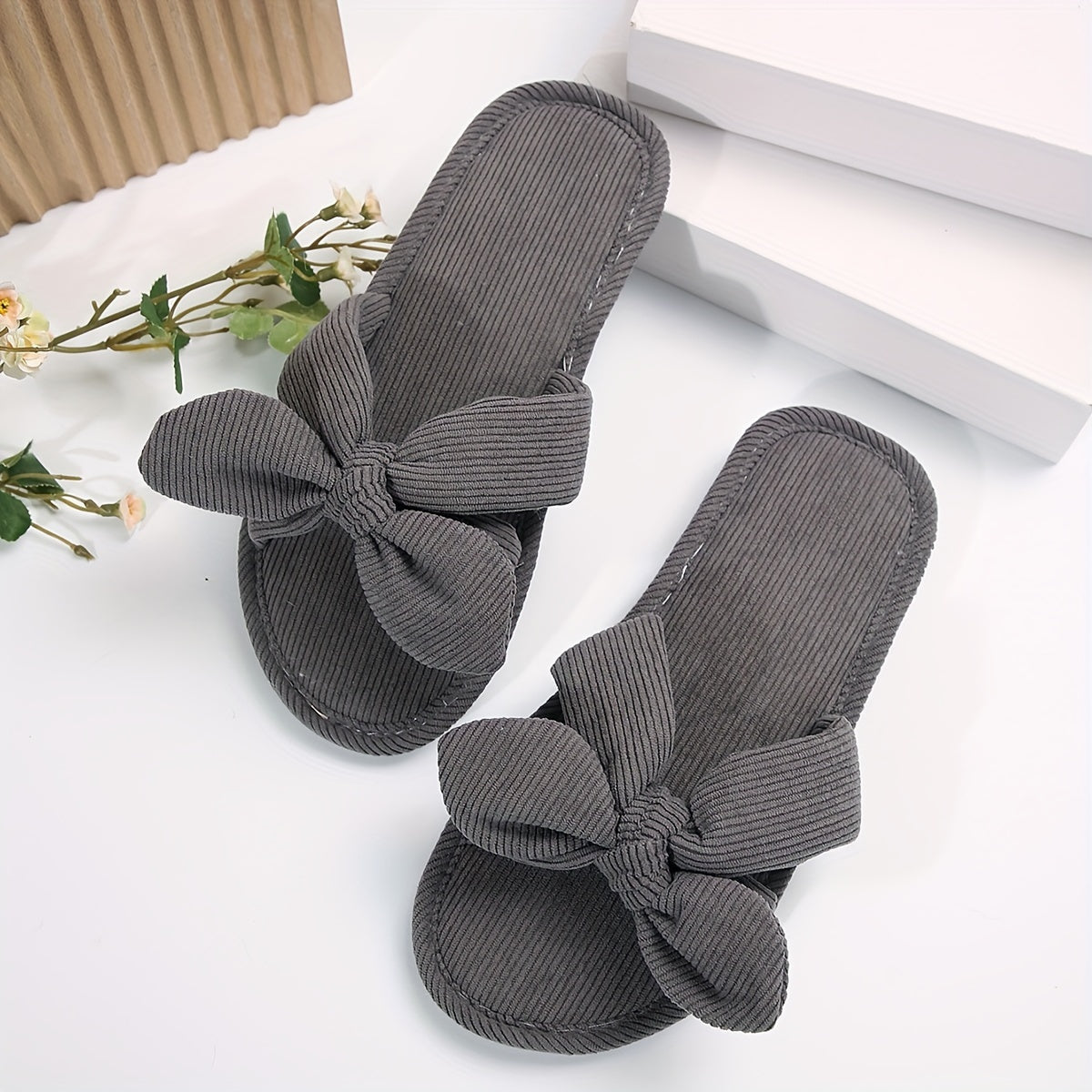 Women's Plush Slippers with Bowknots Indoor Outdoor Striped Fabric