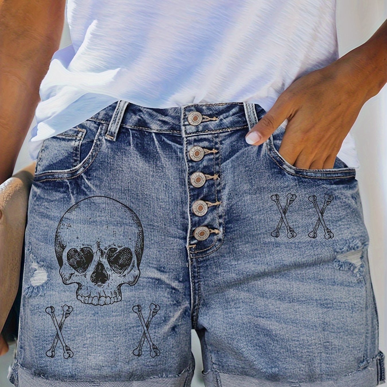 Женские рваные джинсовые шорты с готическим панком и принтом черепа, большой размер, высокая эластичность