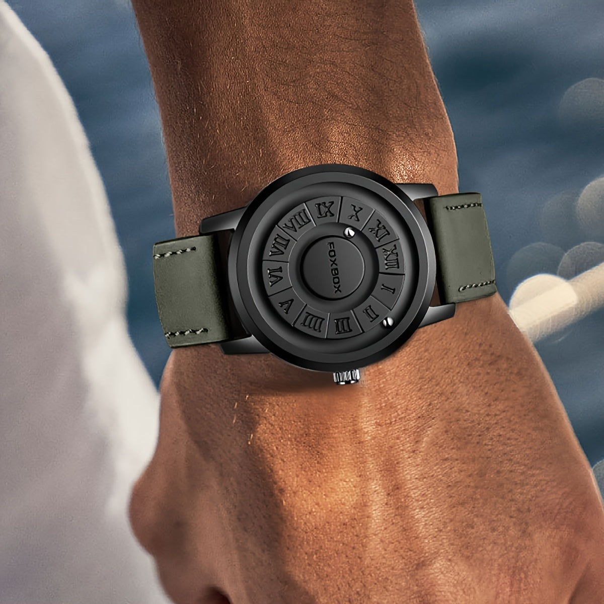 Reloj de cuarzo para hombre con diseño único de esfera, perlas magnéticas, resistente al agua 30M, correa de cuero