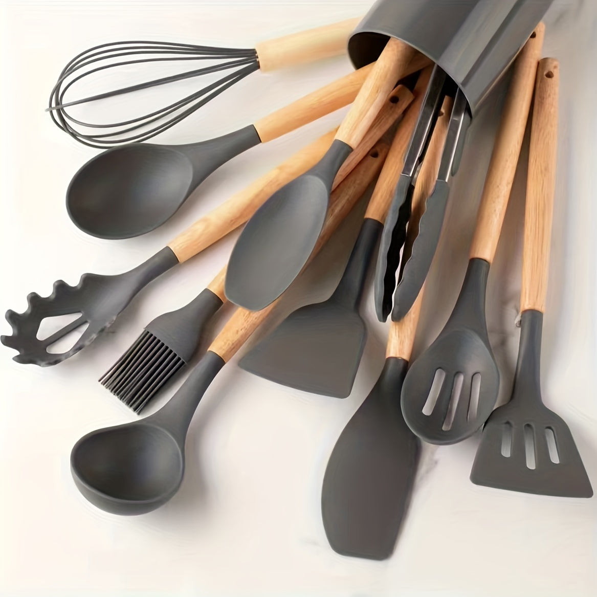 12-Piece Silicone Kitchen Utensil Set with Wooden Handles Khaki Non-Stick Heat-Resistant