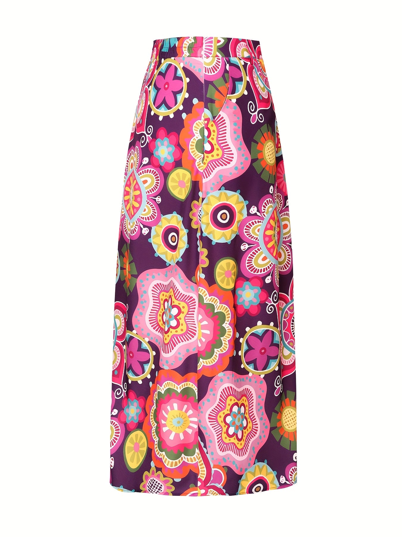 Plus Size Floral Print Maxi Skirt With Pockets Polyester Flared All-Season