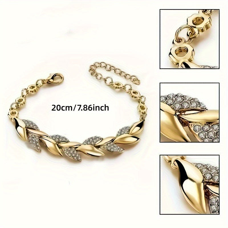 Leaf-Themed Alloy Bracelet Set for Women with Rhinestone Design for Daily Wear or Gifting