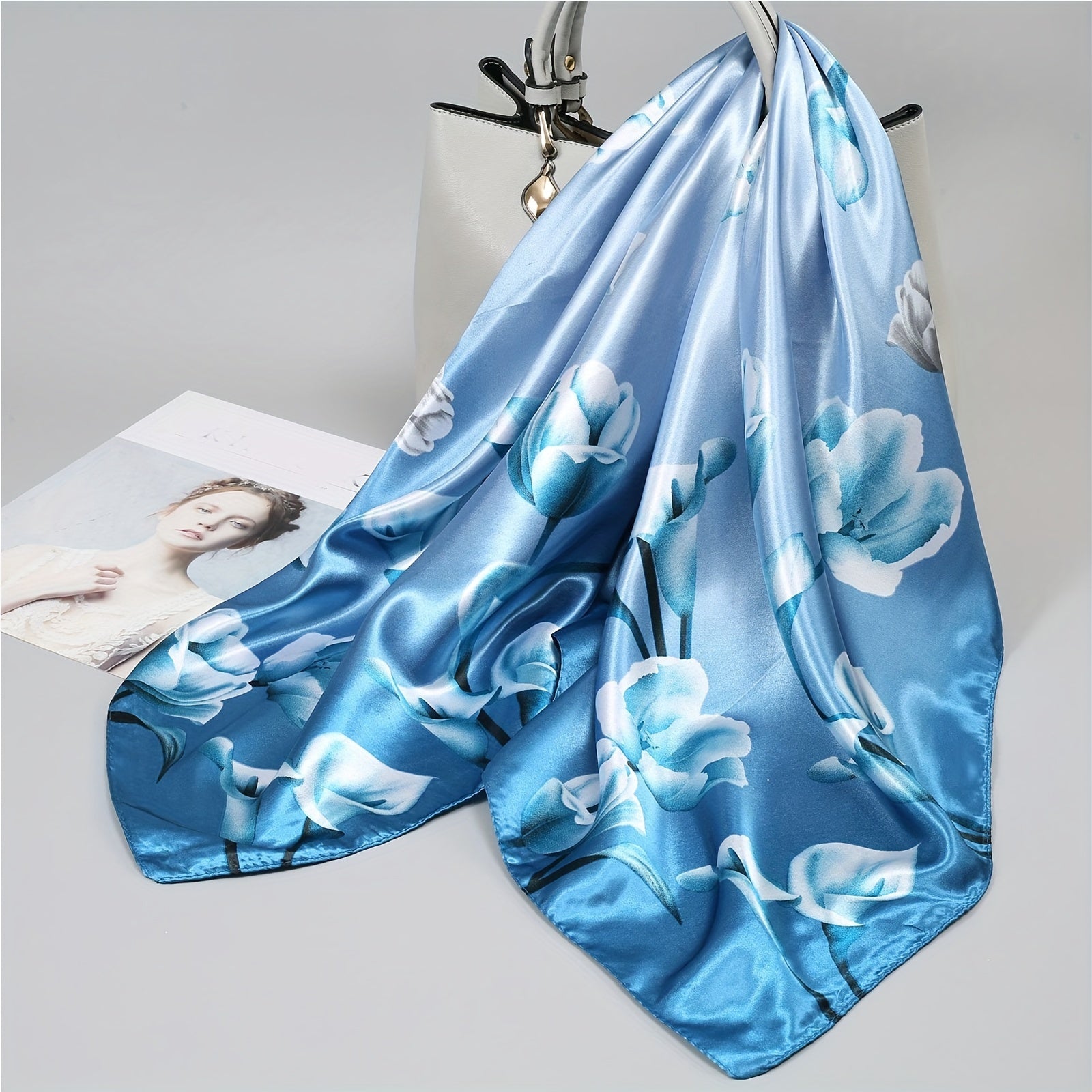 Blue Floral Print Square Scarf Women Lightweight Windproof Sun Protection Casual