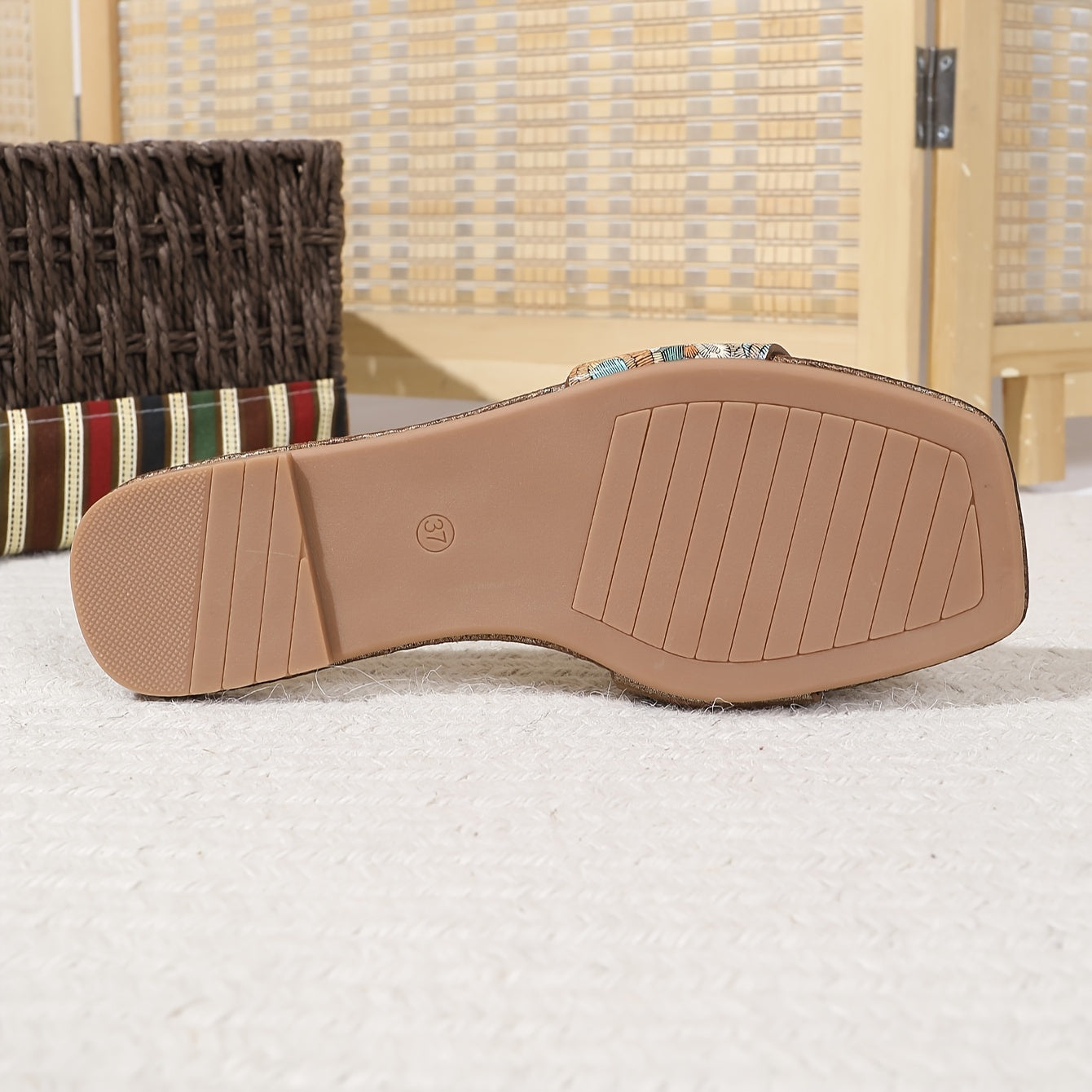 Women's Ethnic Flat Sandals TPR Sole Faux Leather Upper Summer Slip-On Square Toe