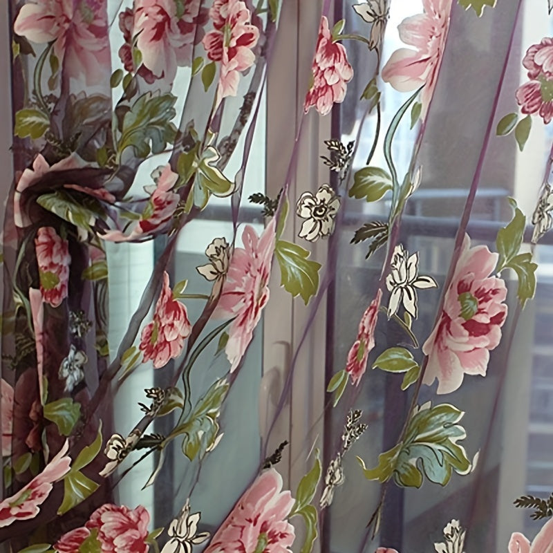 French Country Style Peony Floral Sheer Curtain 100cm x 200cm Rod Pocket Window Treatment for Bedroom and Living Room