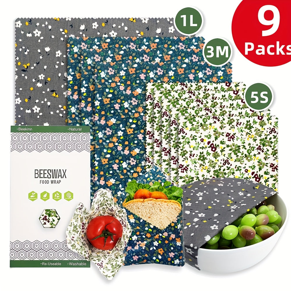 Food Covers Set 9 Pieces Beeswax Wraps Reusable Food Preservation for Leftovers and Fruits