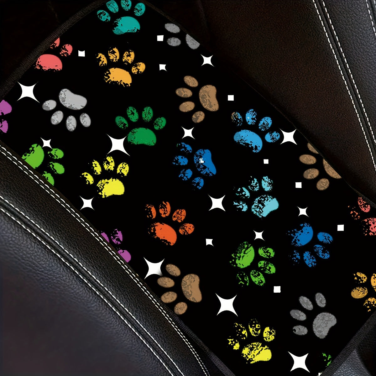 Colorful Dog Paw Print Car Armrest Cover Universal Fit Seat Box Protector