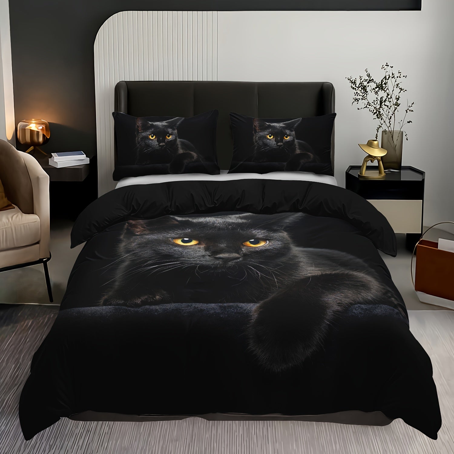 Black Cat Quilt Cover Set 3 Piece Digital Print Polyester Breathable Bedding