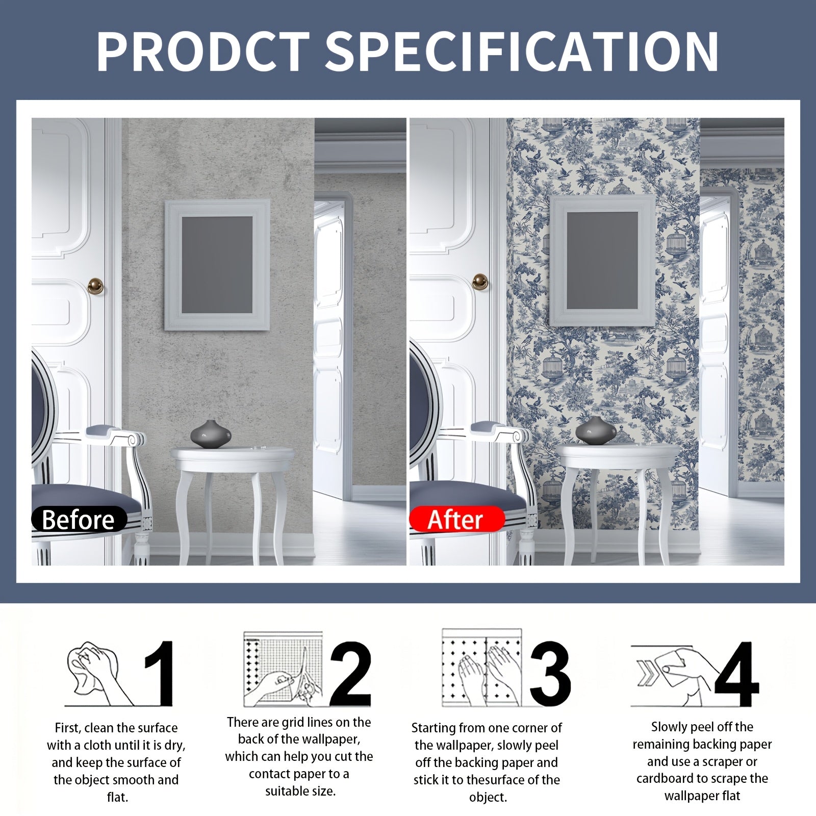 Retro Vinyl Wallpaper Blue Countryside Botanical Landscape Peel and Stick Waterproof Detachable for Home Decor