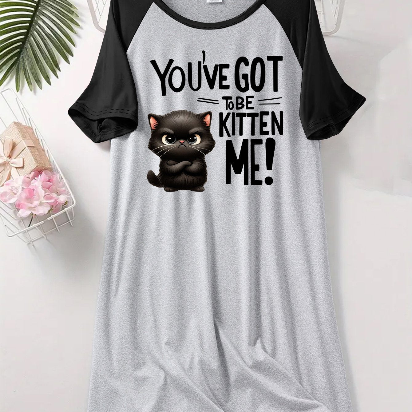 Women’s Cat Print Sleep Dress Short Sleeve Lounge Nightgown Soft Stretchy Fabric