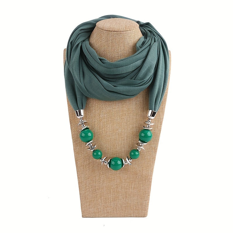 Women's Solid Color Infinity Scarf with Beaded Jewelry Necklace and Head Wrap