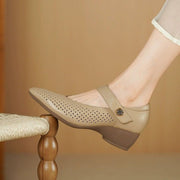 Women's Leather Mary Jane Flats with Ankle Strap and Gold Accents