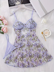 Conjunto de ropa de dormir con malla mariposa para mujer con vestido slip y lencería sexy tanga