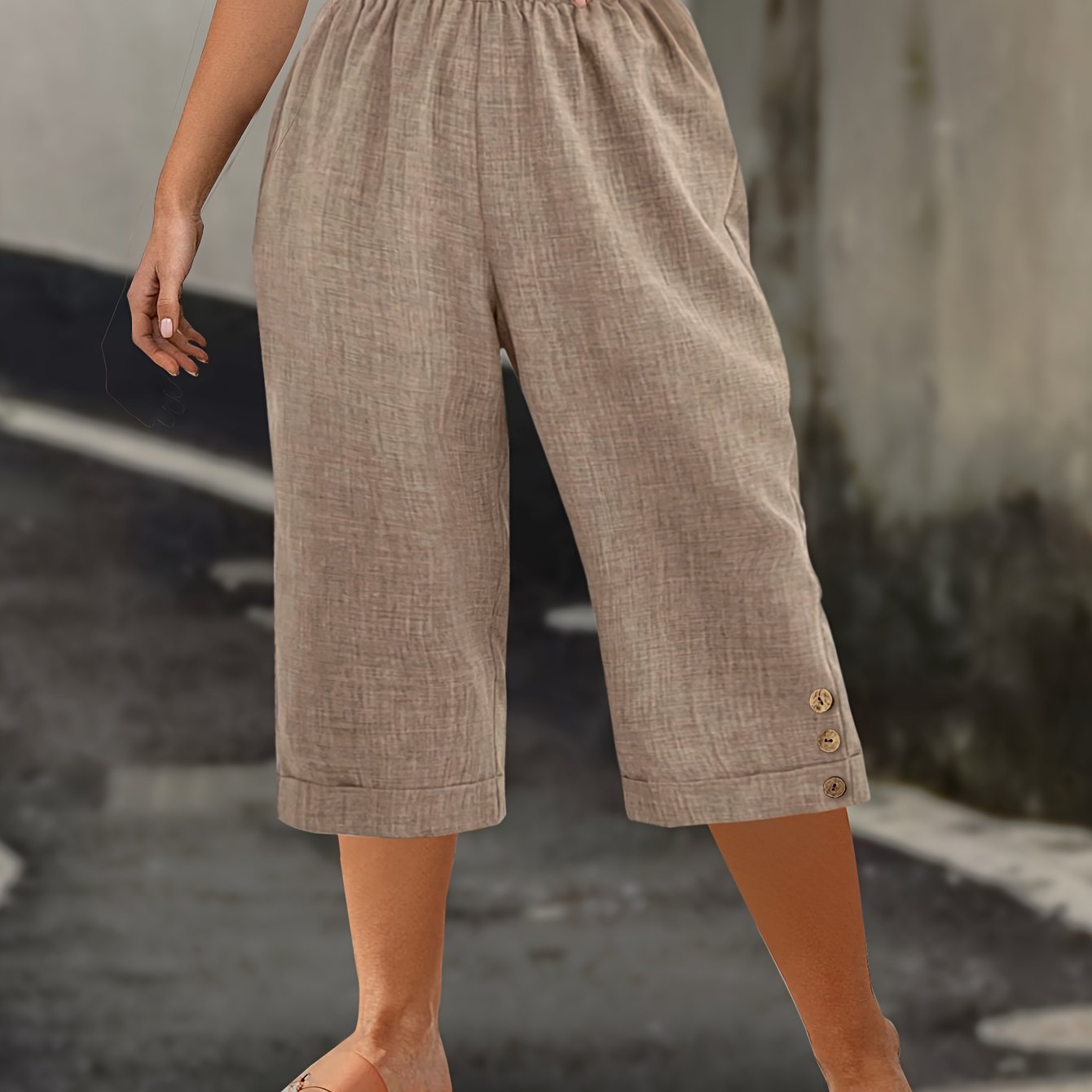 Women Plus Size Olive Green Bermuda Shorts Summer Casual Flat-Fold Button Details