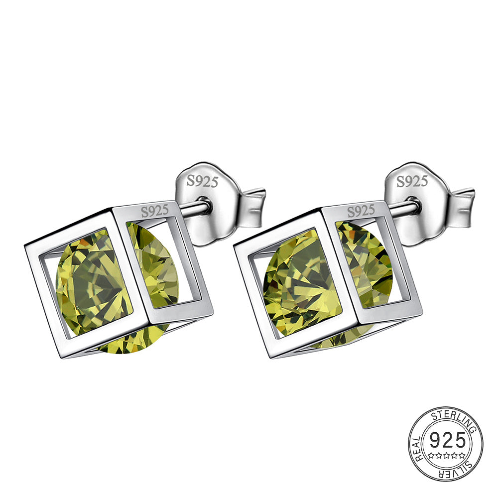 Small 3D Cube Birthstone Stud Earrings for Women Sterling Silver Minimalist Birthday Gift