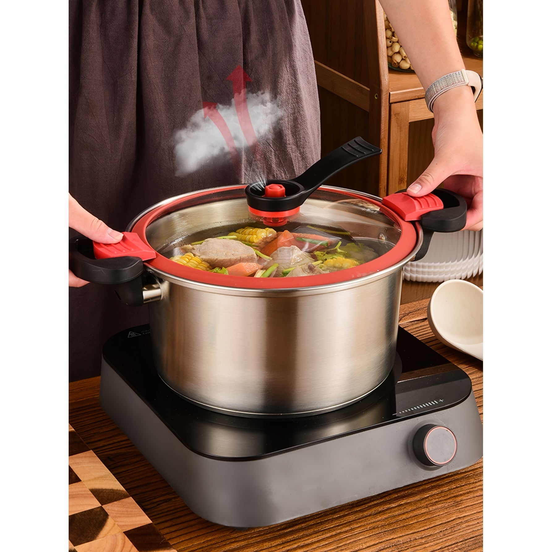 Stainless Steel Soup Pot with Double Bottom Glass Lid for Food Processing and Cooking