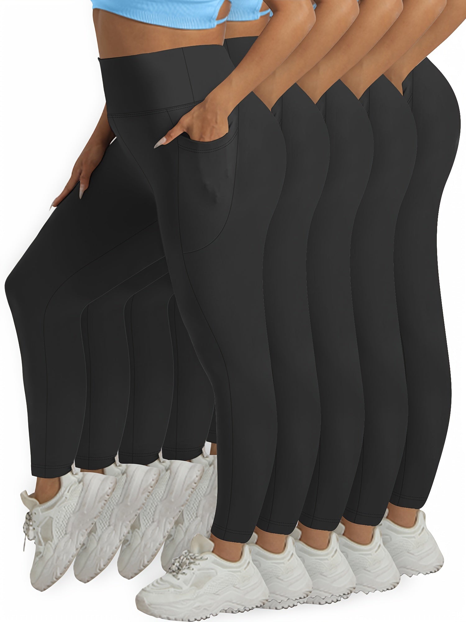 Leggings de yoga de cintura alta para mujer con control de abdomen y bolsillos negro rojo azul rosa