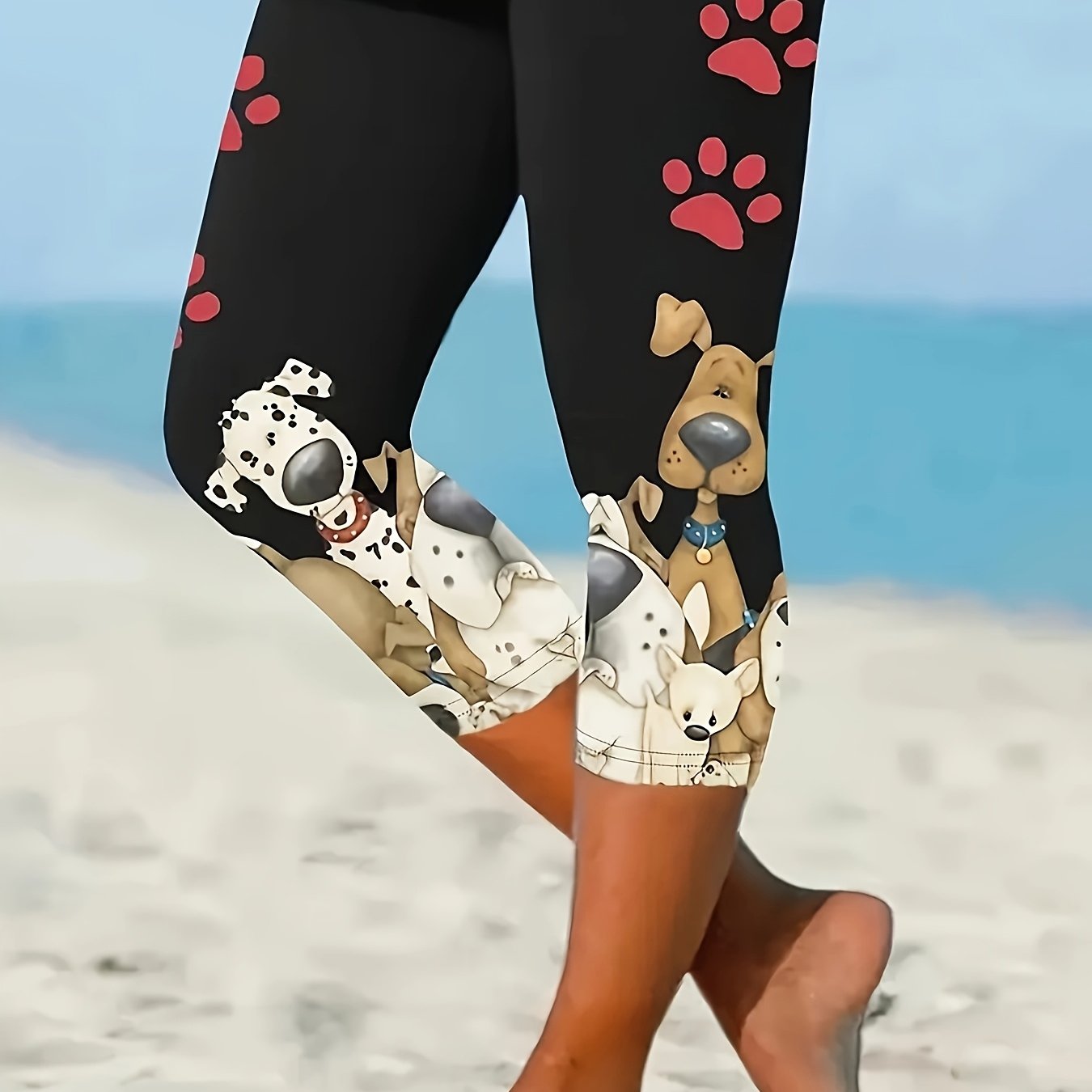 Women's Plus Size Black Stretchy Capri Leggings with Dog Paw Print